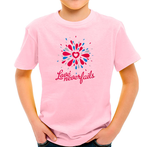Детская футболка - Love never fails (Любовь никогда не перестаёт) - розовая
