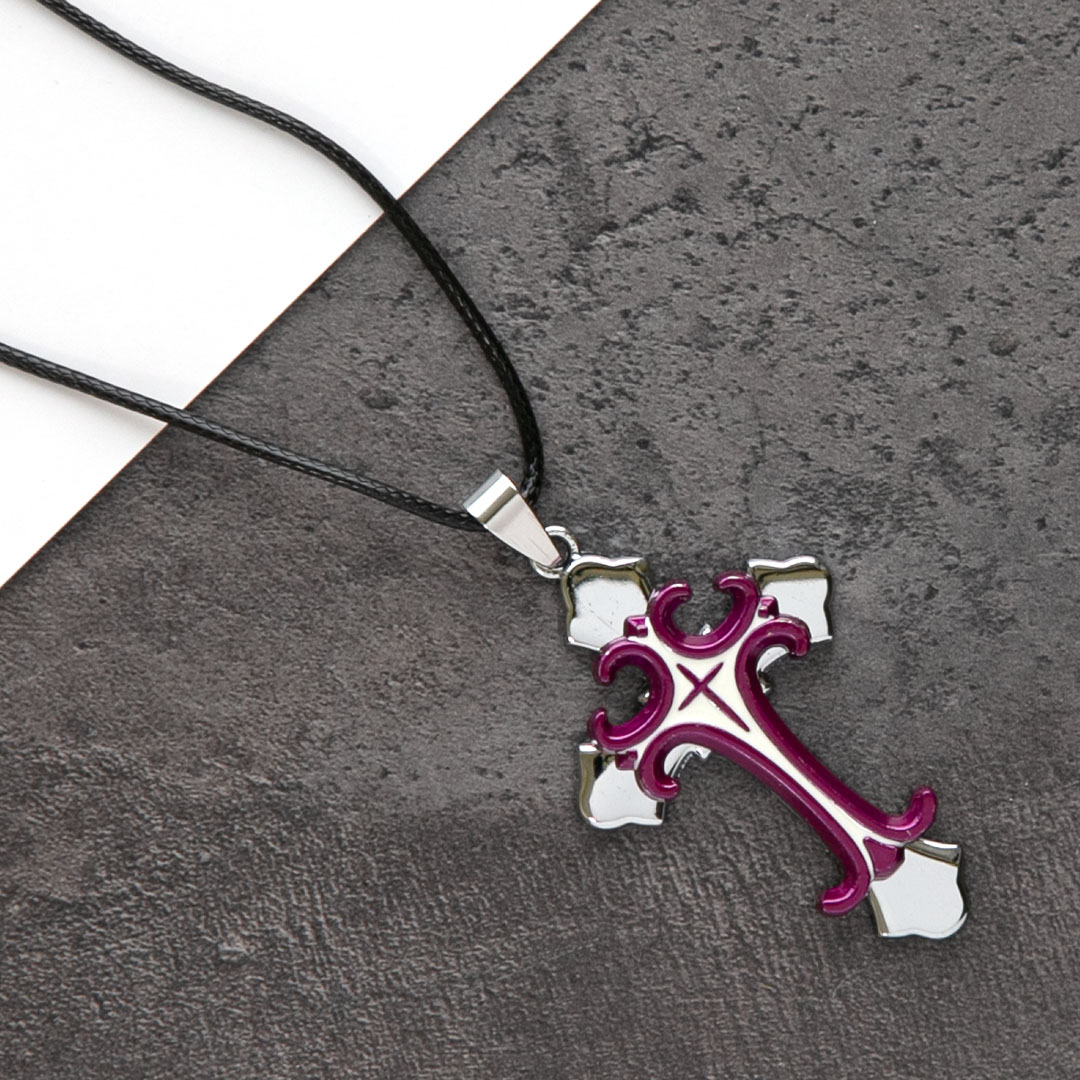 Кулон на шнурке - Крест на металлическом кресте - лиловый