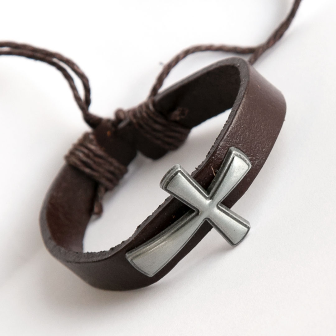 Кожаный браслет - Крест большой (коричневый)