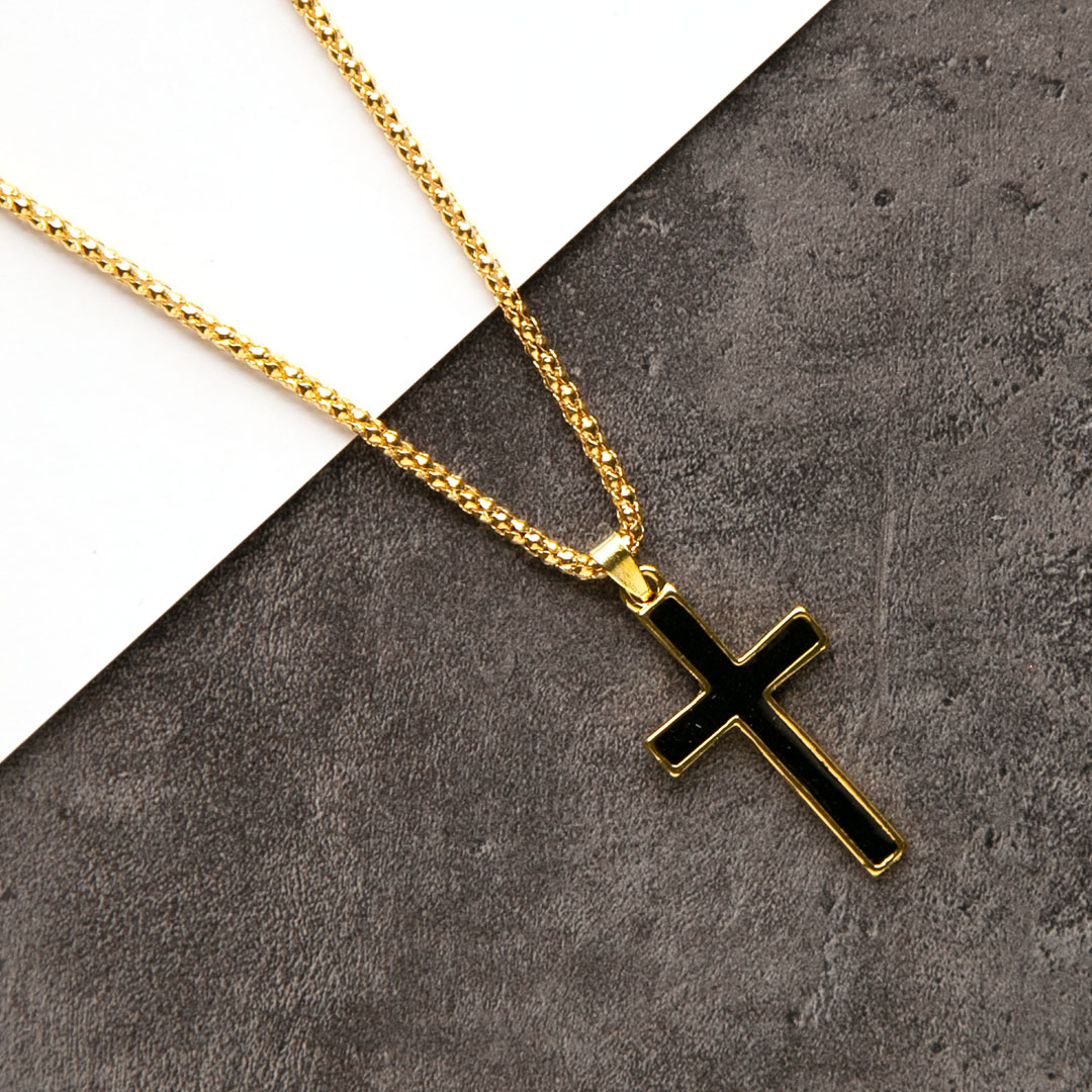 Кулон на цепочке - Черный крест с золотым ободком