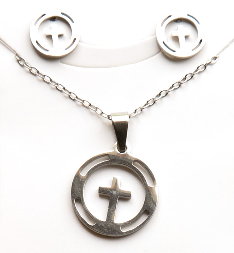 Кулон на цепочке и серьги - Крест в круге (под серебро)