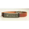 Браслет кожаный коричневый с серой металлической пластиной и металлической застежкой I love Jesus (БиС2к-38)