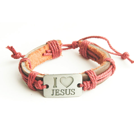 I love Jesus — кожаный браслет (бордовый шнур)