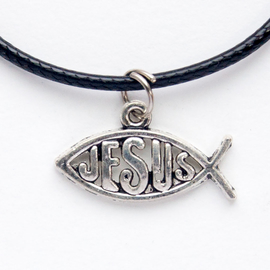 Кулон металлический на шнурке - Рыбка Jesus (горизонтально, под серебро)