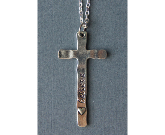 Кулон металлический на цепочке под серебро 23х47 мм Крест длинный - надпись Faith, Belive с сердечком (КМСЦк2-6)