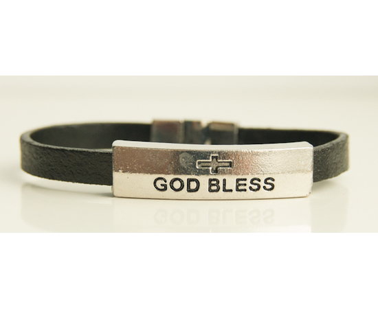 Браслет кожаный коричневый с металлической пластиной под бронзу Крест-God Bless (БиС-4)