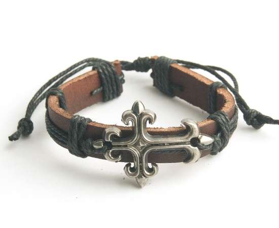 Крест фигурный резной - кожаный браслет (черный шнур)