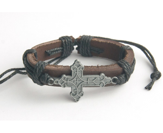 Крест фигурный расписной - кожаный браслет (черный шнур)