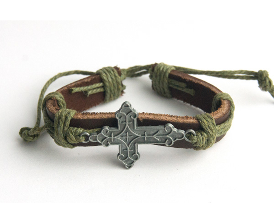 Крест фигурный расписной - кожаный браслет (зелёный шнур)
