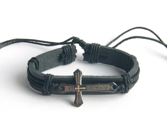 Крест Отче наш (на латыни) - кожаный браслет (черный шнур)