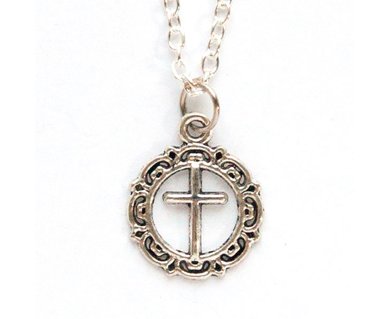 Кулон на цепочке - Крест в фигурном круге (под серебро)