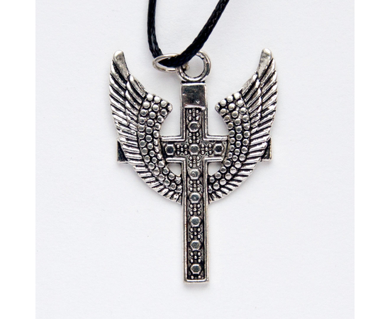 Кулон металлический на шнурке - Крест крылья (расписной, под серебро)