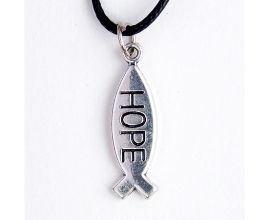 Кулон металлический на шнурке - Рыбка Hope (вертикально, под серебро)