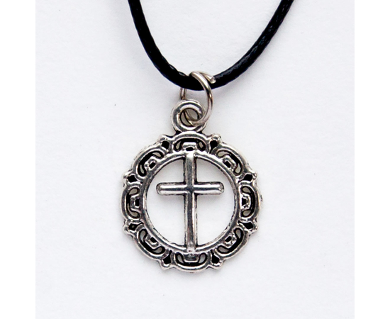 Кулон металлический на шнурке - Крест в фигурном круге, под серебро)