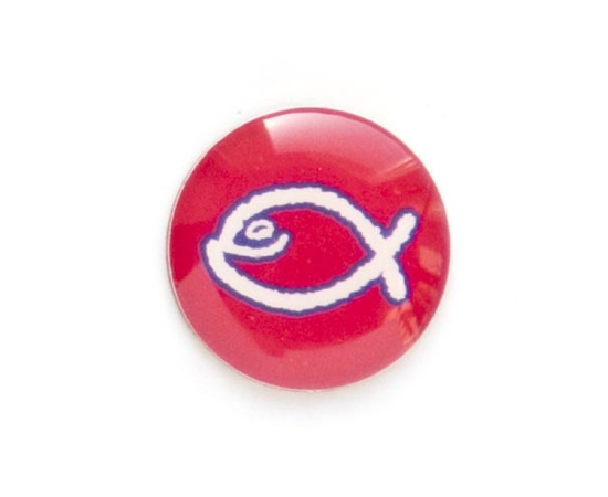 Значок на цанге - Белая юмористическая  рыбка на красном фоне