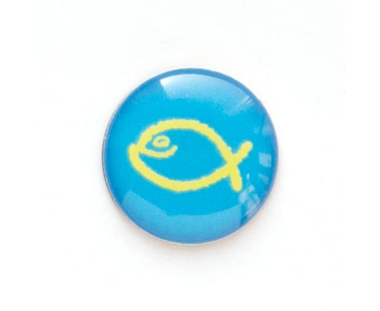 Значок на цанге - Желтая юмористическая  рыбка на голубом фоне