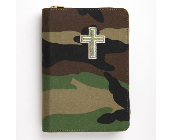 Библия (12х17,5см, камуфляжная тканевая обложка, зелёный обрез, молния)