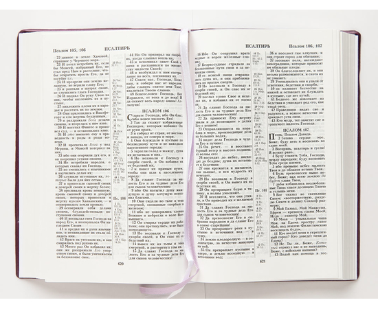 Библия (14х21,3 см, гибкий переплёт, фиолетовый металлик, дизайн "дорога ко Кресту", 2 закладки, слова Иисуса выделены жирным, крупный шрифт)