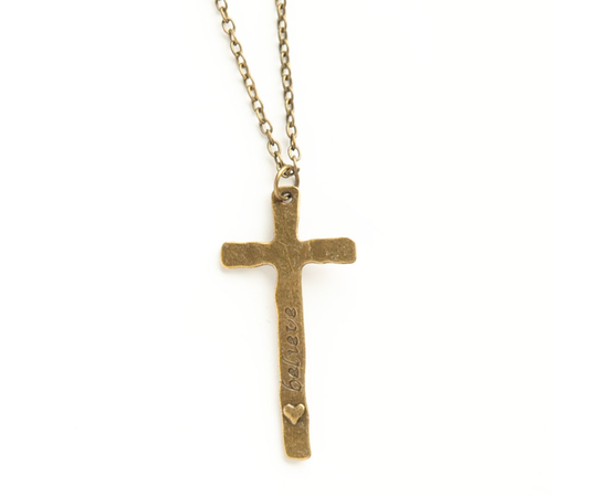 Кулон металлический на цепочке под бронзу Крест длинный - надпись Faith, Belive с сердечком