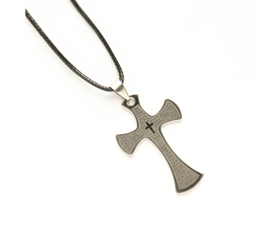 Кулон металлический на х/б шнурке Крест фигурный под серебро "Отче Наш" на англ.