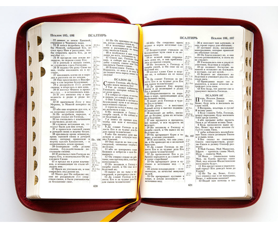 Библия (14,3х22см, натуральная кожа, красный, "Золотое сердце", молния, золотой обрез, индексы, 2 закладки, слова Иисуса выделены жирным, средний шрифт)