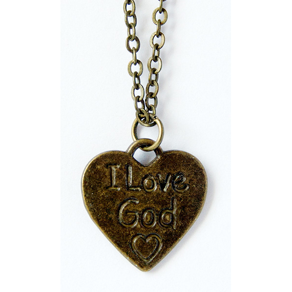 Кулон металлический на цепочке под бронзу - Сердце, надпись "I Love God" (КМБЦ-22)