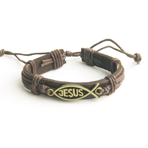 Рыбка Jesus вырубка - браслет кожа-металл под бронзу
