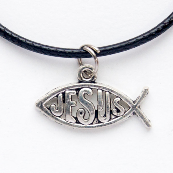 Кулон металлический на шнурке - Рыбка Jesus (горизонтально, под серебро)