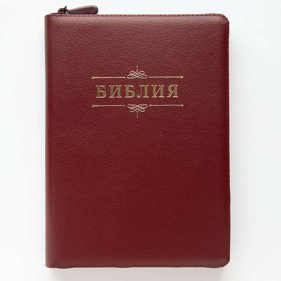 Библия (18х24 см, натуральная кожа, бордо пятнистый, надпись "Библия" с вензелем, молния, золотой обрез, индексы, 2 закладки, слова Иисуса выделены жирным, крупный шрифт)